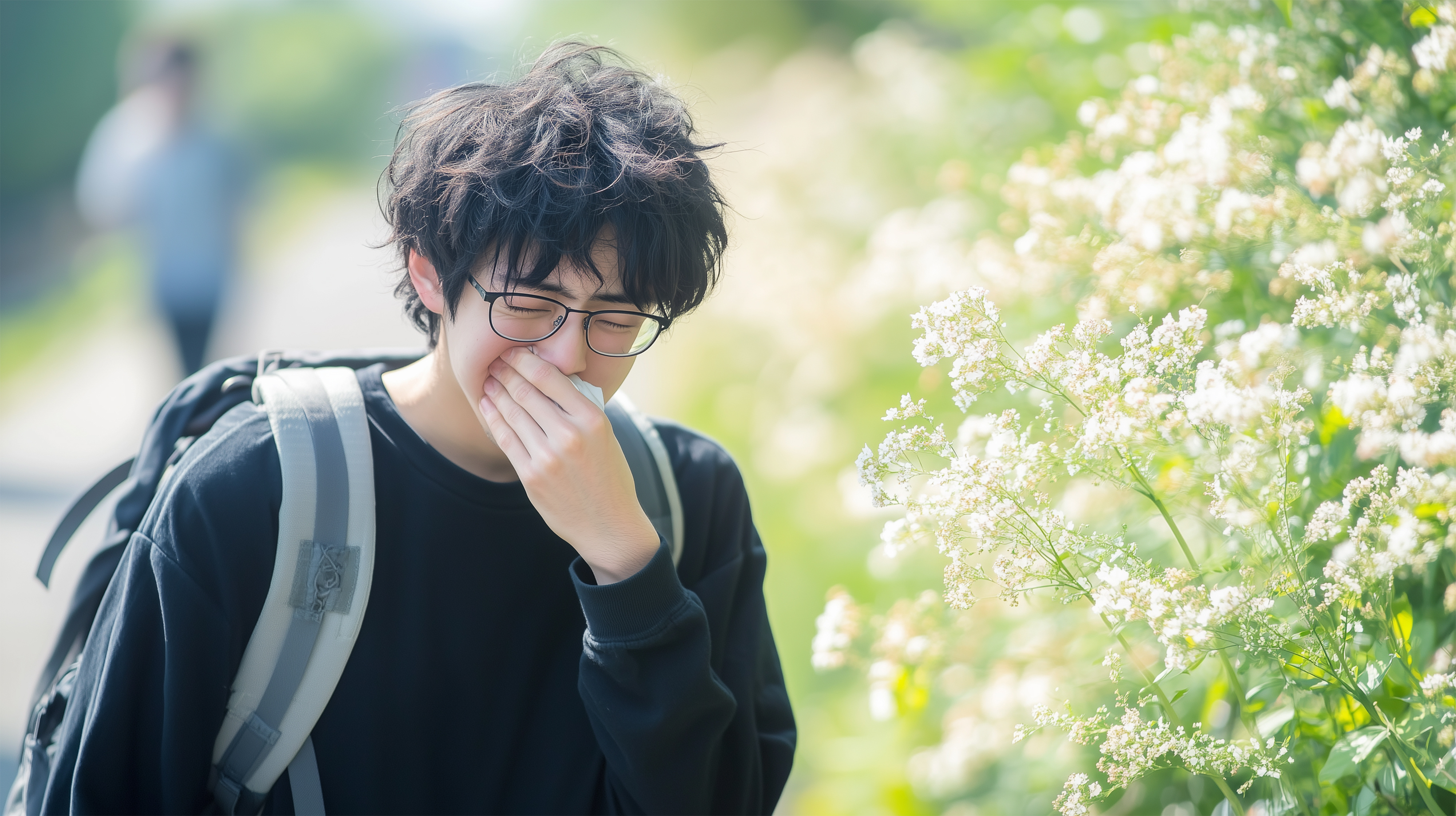A boy blowing his nose.
