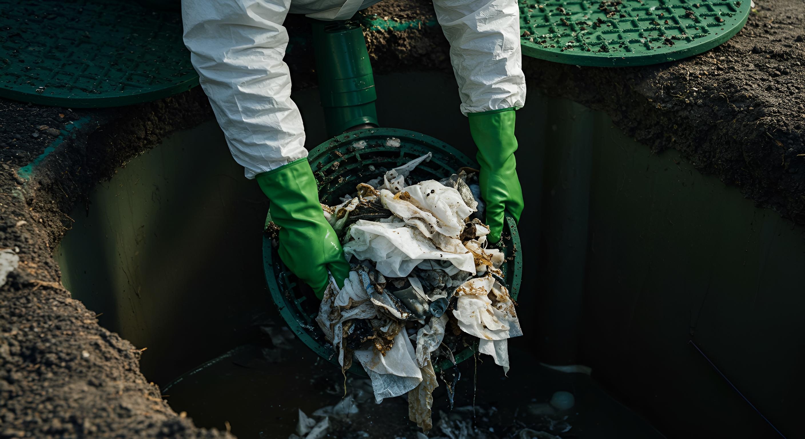 Someone pulling dirty wipes and other trash from a drain.