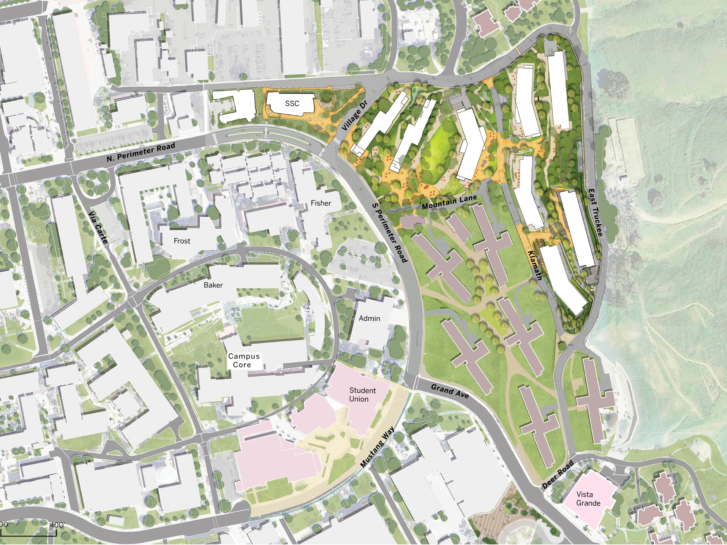 Student Housing Program site plan showing proposed residence halls near Village Drive, Mountain Lane, and East Truckee Road