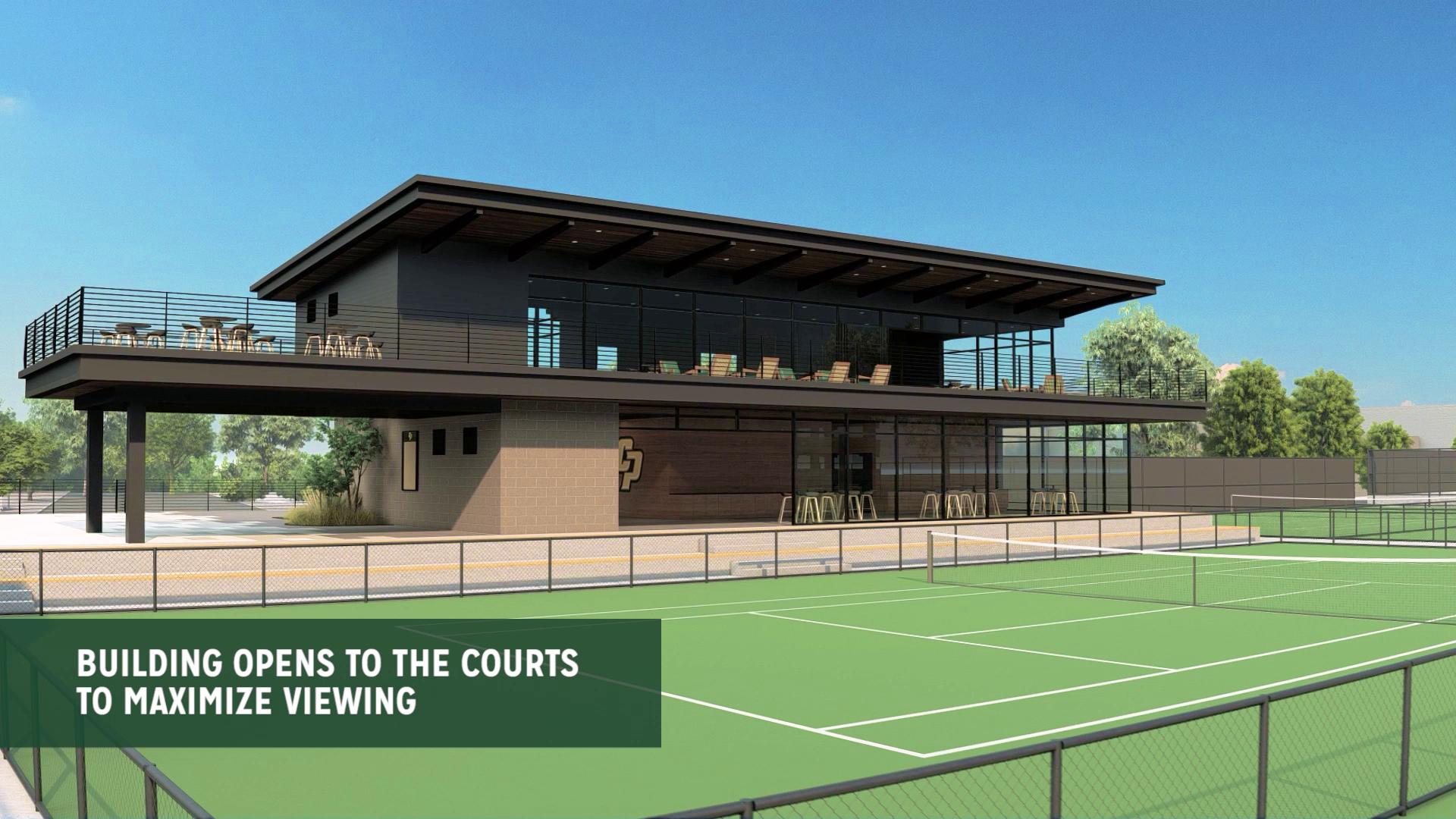 Looking in Cal Poly Tennis Clubhouse from the court perspective.