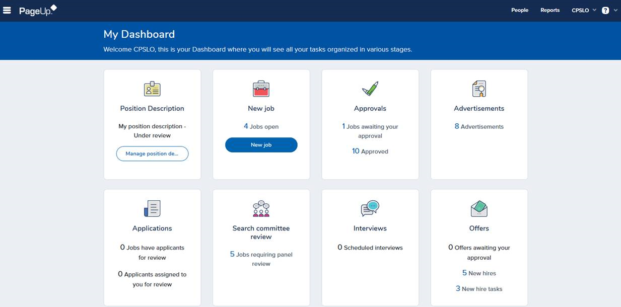 View of the dashboard interface showing 8 cards in a simple grid.