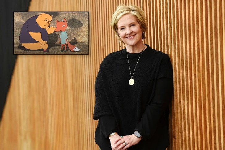 Brené Brown with small image of bear and fox overlaid to her right