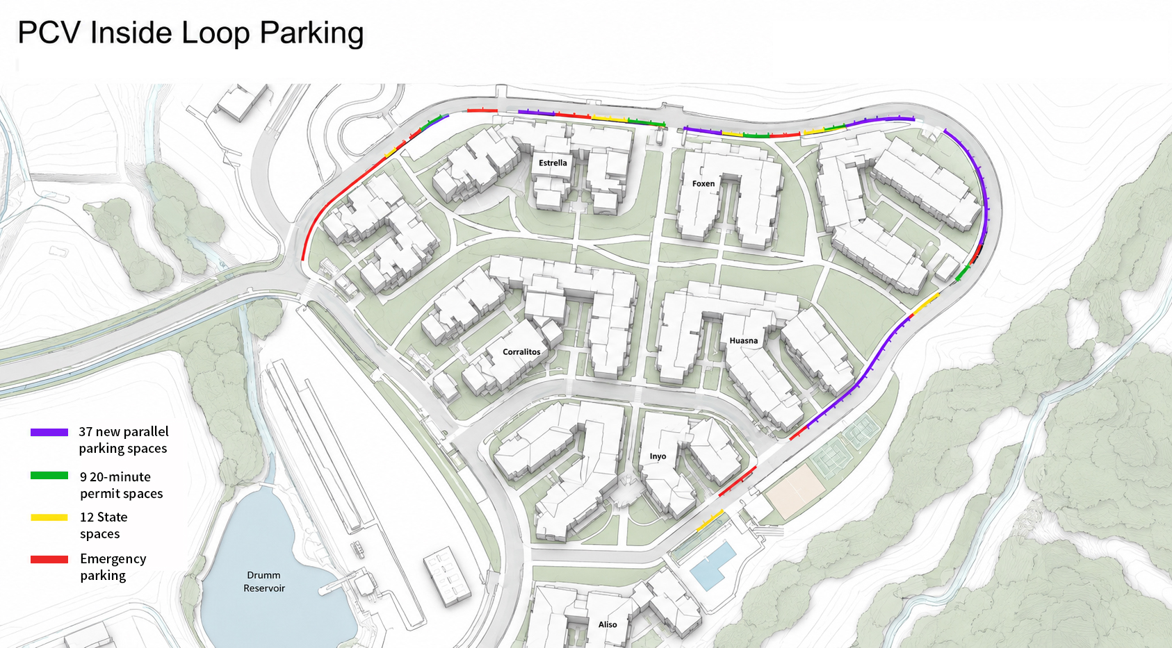 Map of PCV Inside Loop parking spaces showing new parallel parking, 20-minute permit, State, and emergency parking areas