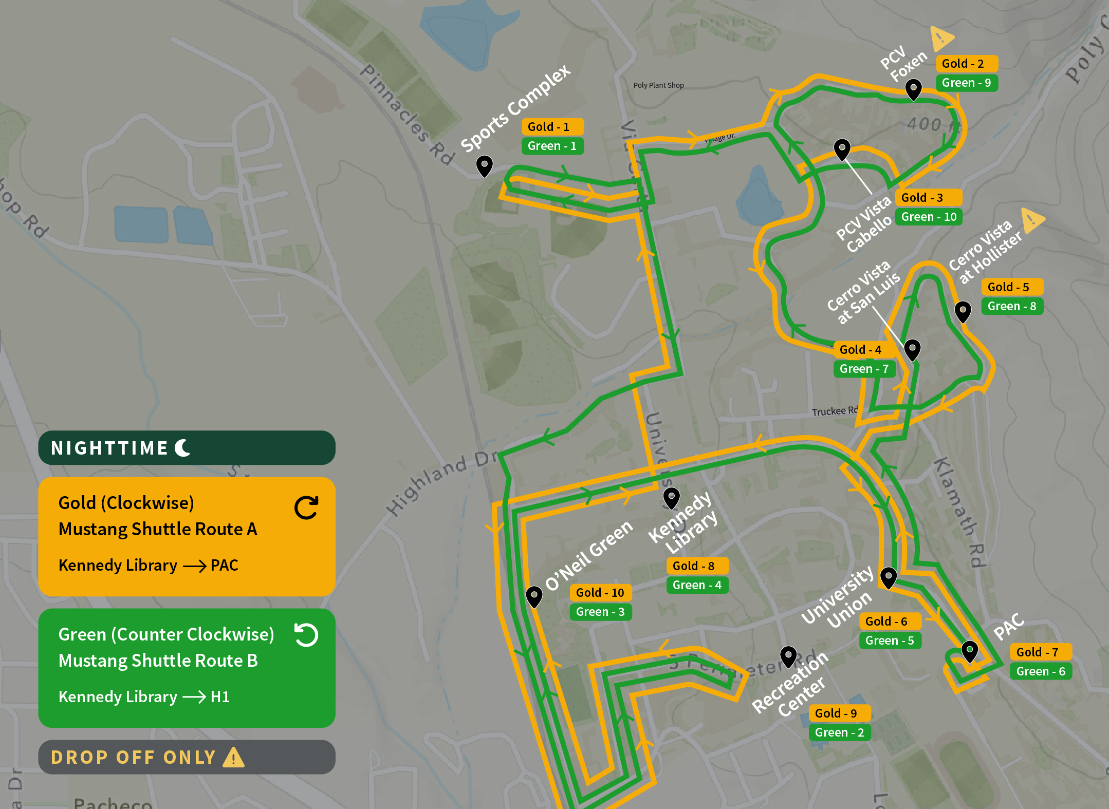 Mustang Shuttle Map Routes Night