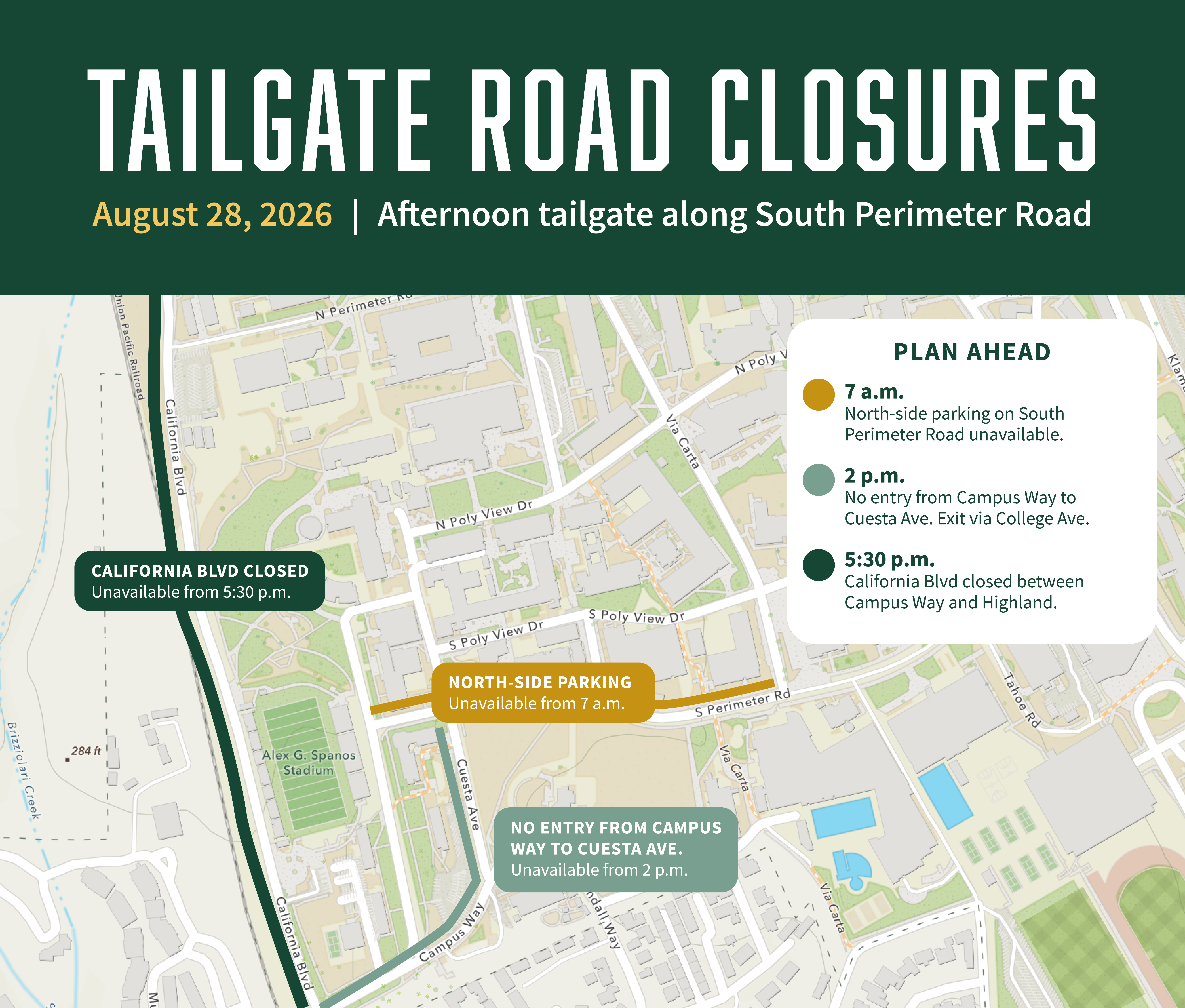 Campus map showing tailgate parking and road impacts along South Perimeter Road, Cuesta Avenue and California Boulevard.