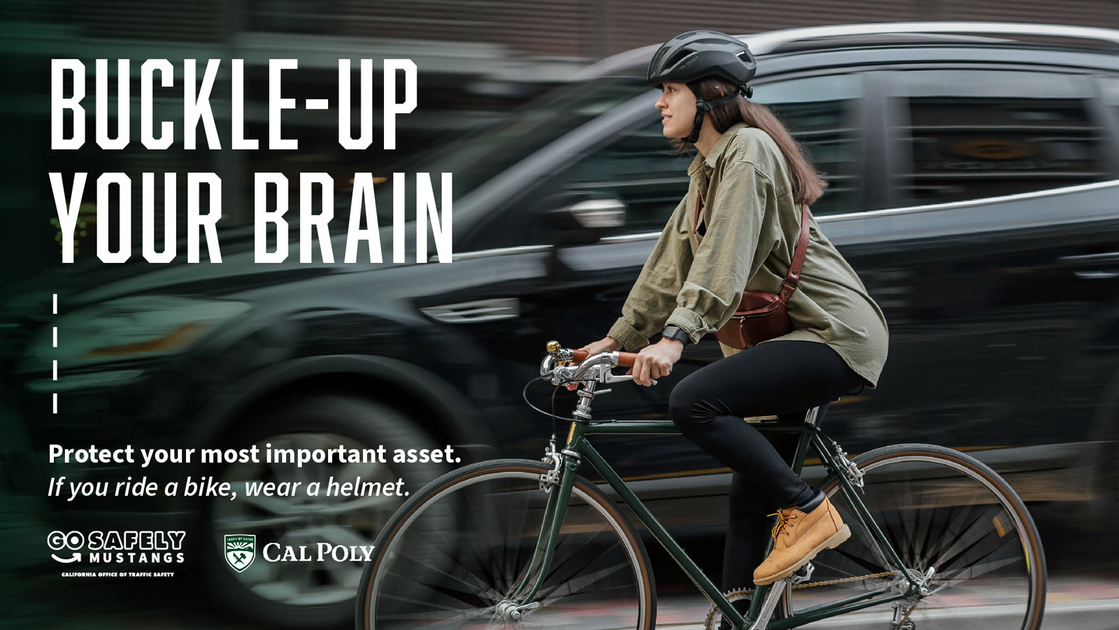 A woman rides a bike wearing a helmet. Text reads 'Buckle-up your brain' to promote helmet use.