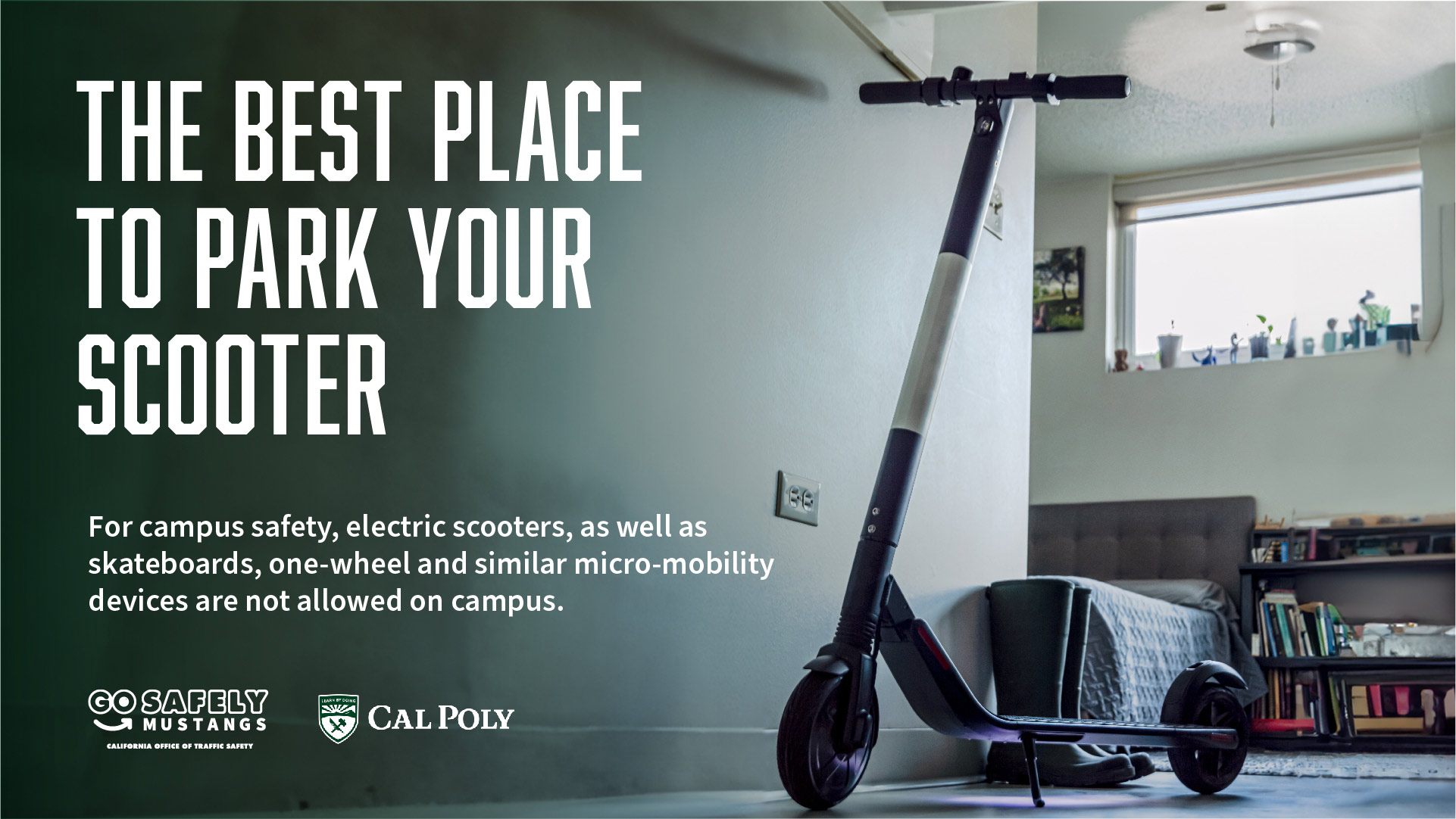 An electric scooter parked inside a dorm. Text reads 'The best place to park your scooter'.