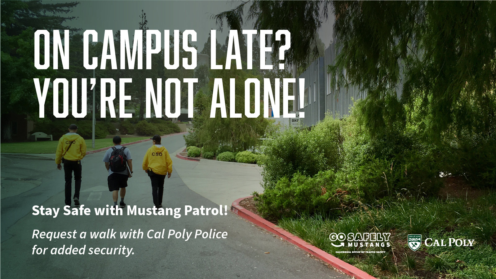 Campus safety officers walk alongside a student on a campus path. Text reads 'You're not alone'.