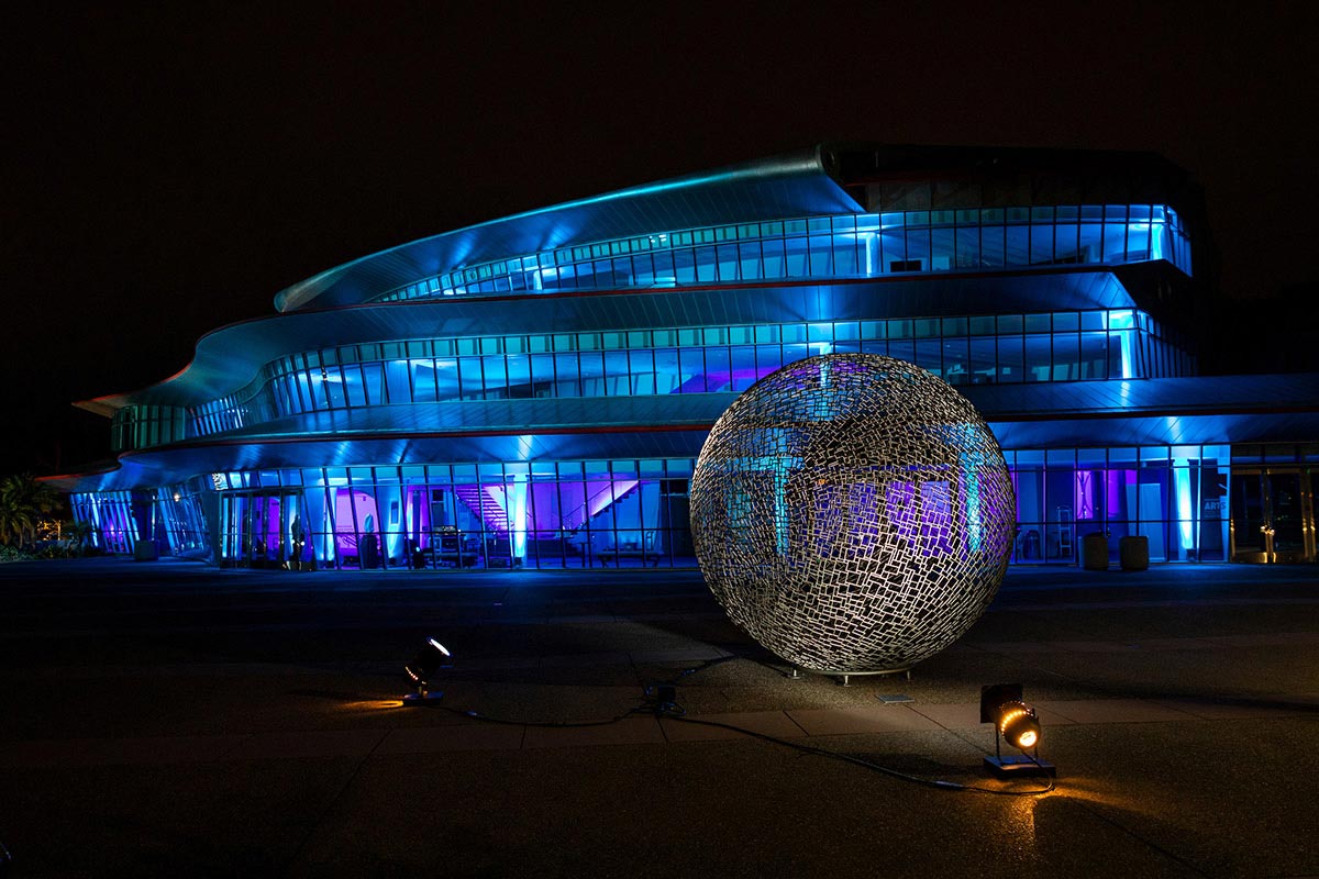 Performing Arts Center illuminated with blue lighting