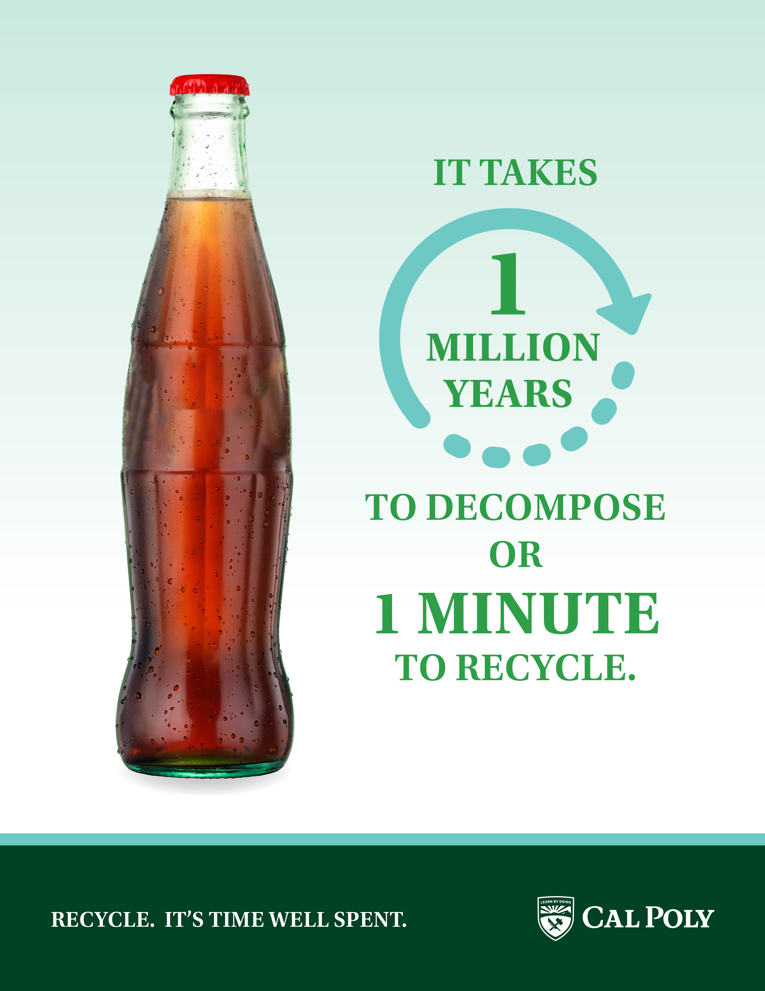 It takes 1 million years to decompose a bottle of soda or 1 minute to recycle it